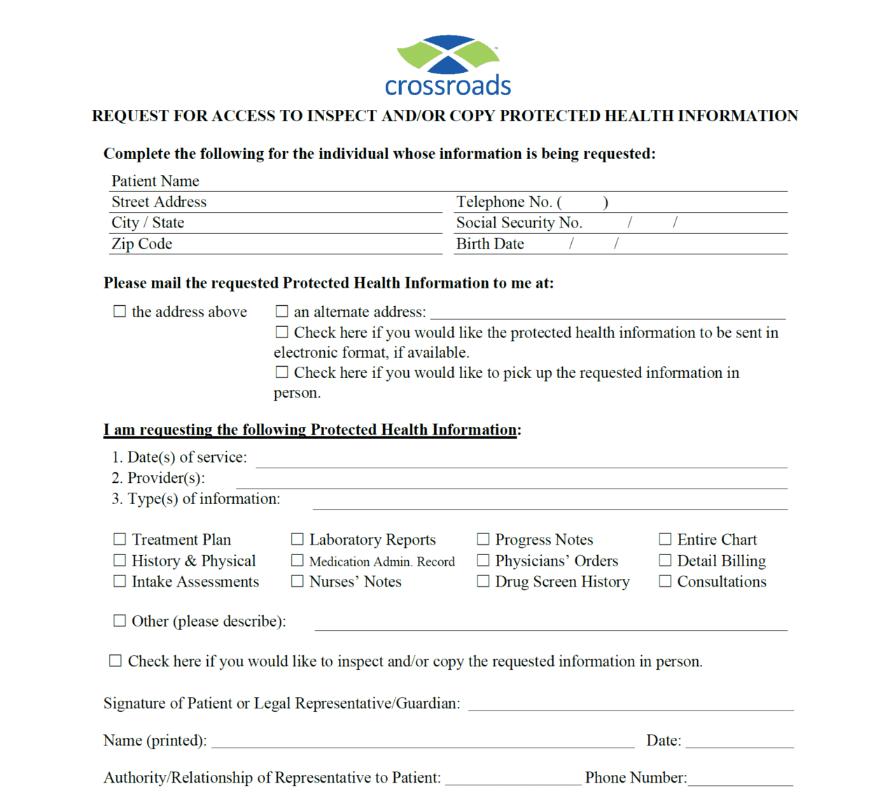 Request form for access to inspect or copy protected health information